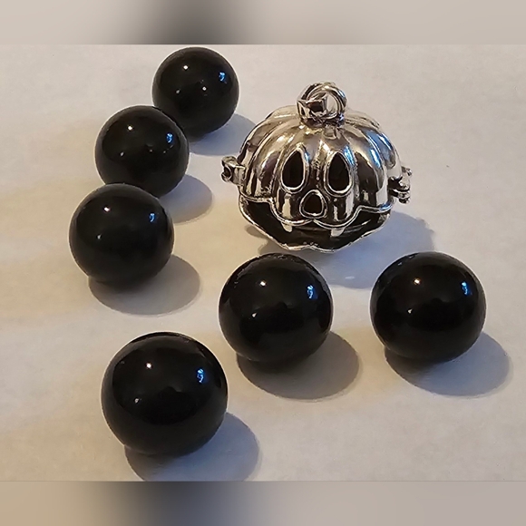 Jewelry - Halloween Silver Color Pumpkin Cage with 10mm Black Obsidian Gemstone Necklace